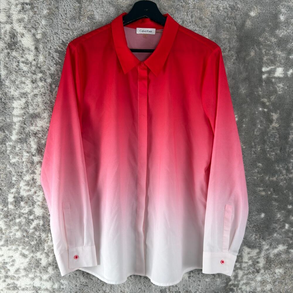 Calvin Klein Size L Ombre‎ Casual Button Top Red White Long Sleeve Collar Shirt